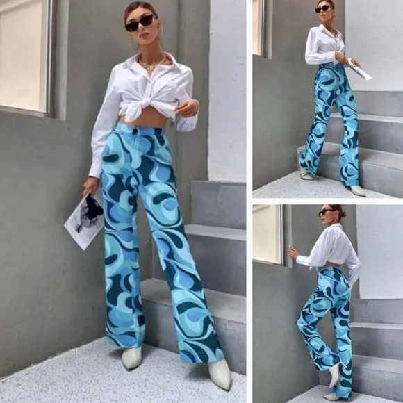 NWOT ZARA The Safia Pant Blue Psychedelic High Waisted Satin Flowy Y2K Sz XL - Picture 1 of 10